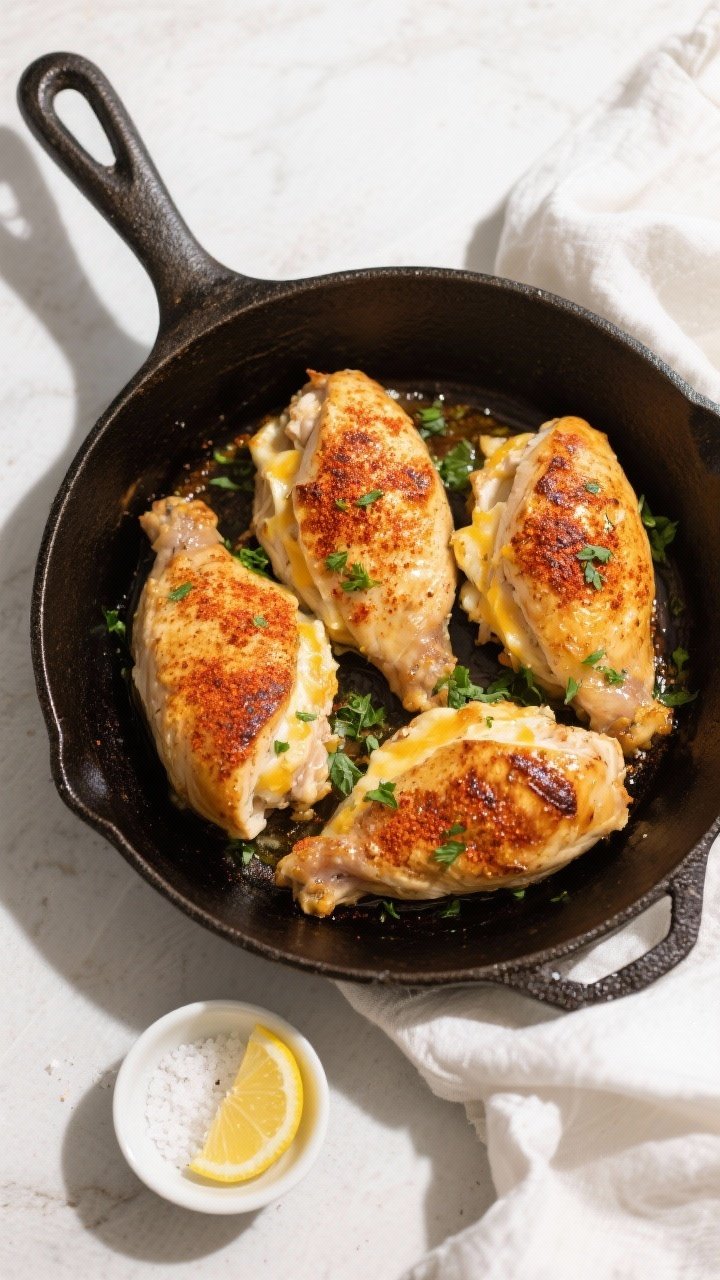 Overhead tasty top view: One-pan baked stuffed chicken breasts in an oven-safe cast-iron skillet, fo