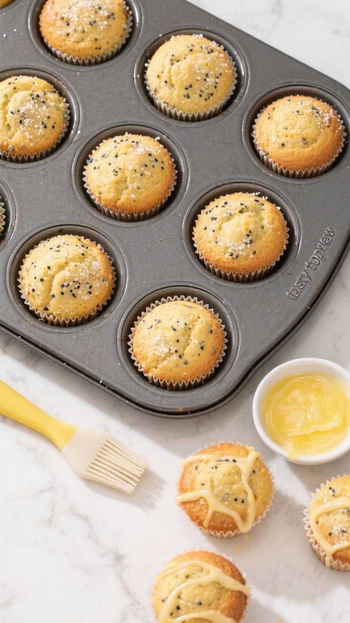 Overhead “tasty top view” shot: A 12-cup muffin pan filled with freshly baked lemon poppy seed m