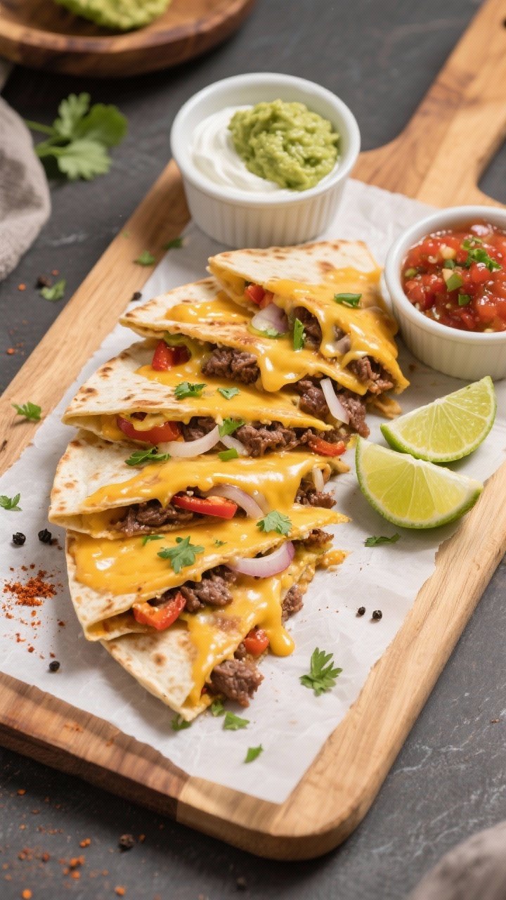 Overhead “tasty top view” shot: A wooden board loaded with freshly sliced cheesy beef quesadilla