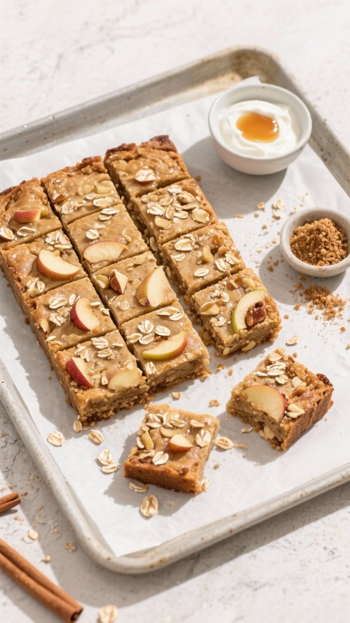 Overhead “tasty top view” shot: the cooled slab sliced into 12 even squares arranged neatly on p