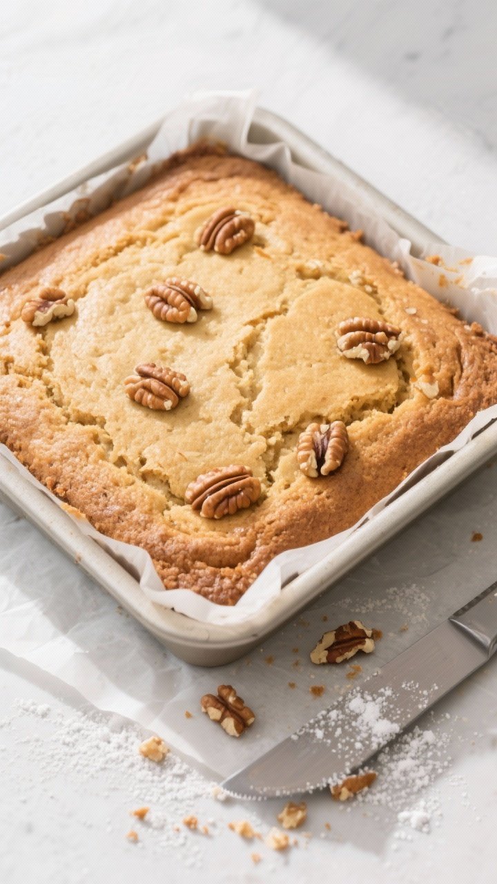 Overhead “tasty top view”: The baked snack cake in an 8-inch parchment-lined square pan just out