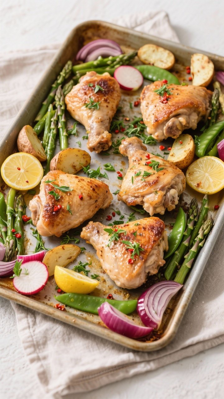 Overhead tasty top view: The finished sheet pan dinner arranged artfully on the tray—four chicken 