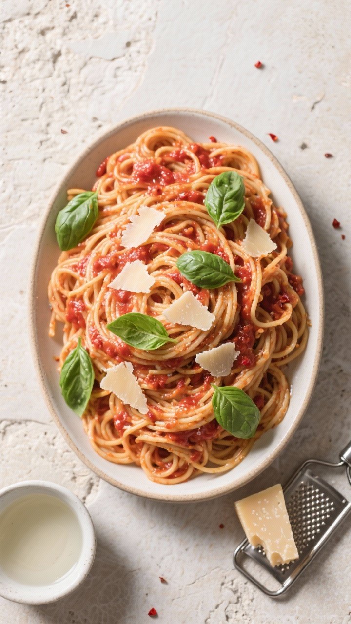 Overhead tasty top view: Top-down shot of a family-style serving—creamy tomato basil spaghetti in