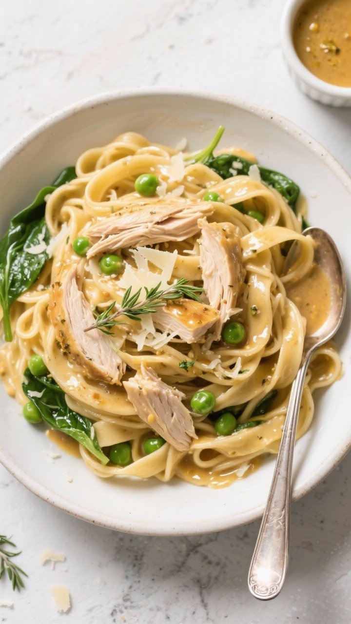 Overhead tasty top view: Top-down shot of buttered egg noodles blanketed with shredded crockpot chic