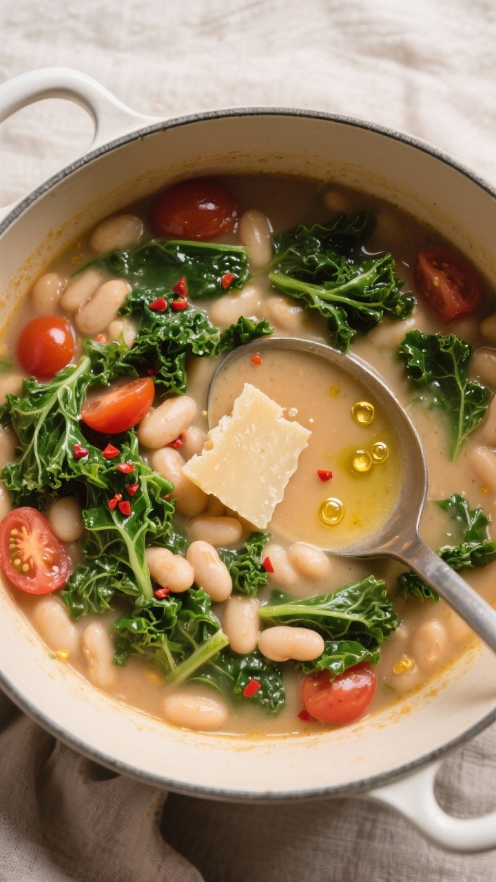 Overhead tasty top view: Tuscan Bean & Kale Soup at peak simmer in a wide pot—creamy cannellini be