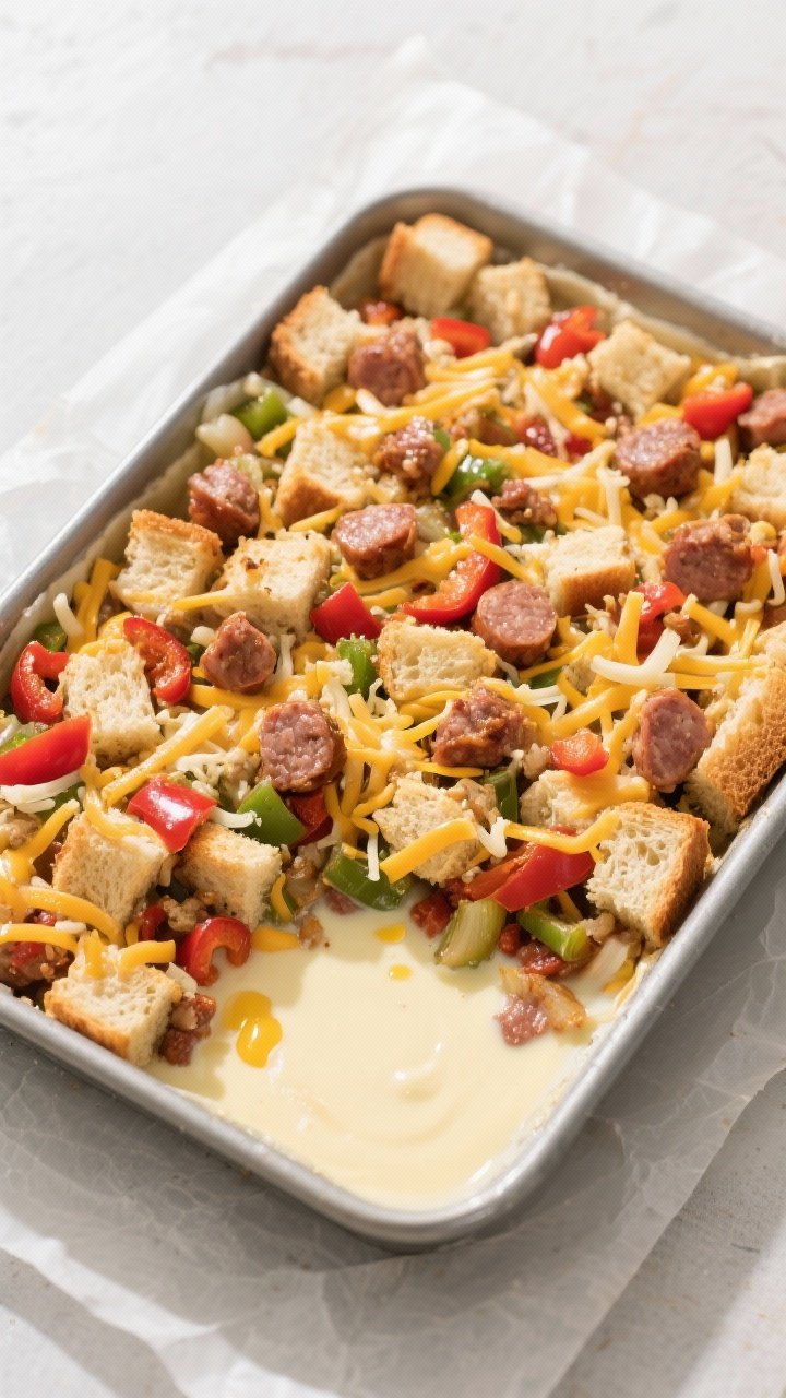 Overhead tasty top view: Unbaked casserole assembled in a greased 9x13 dish, showing an even layer o