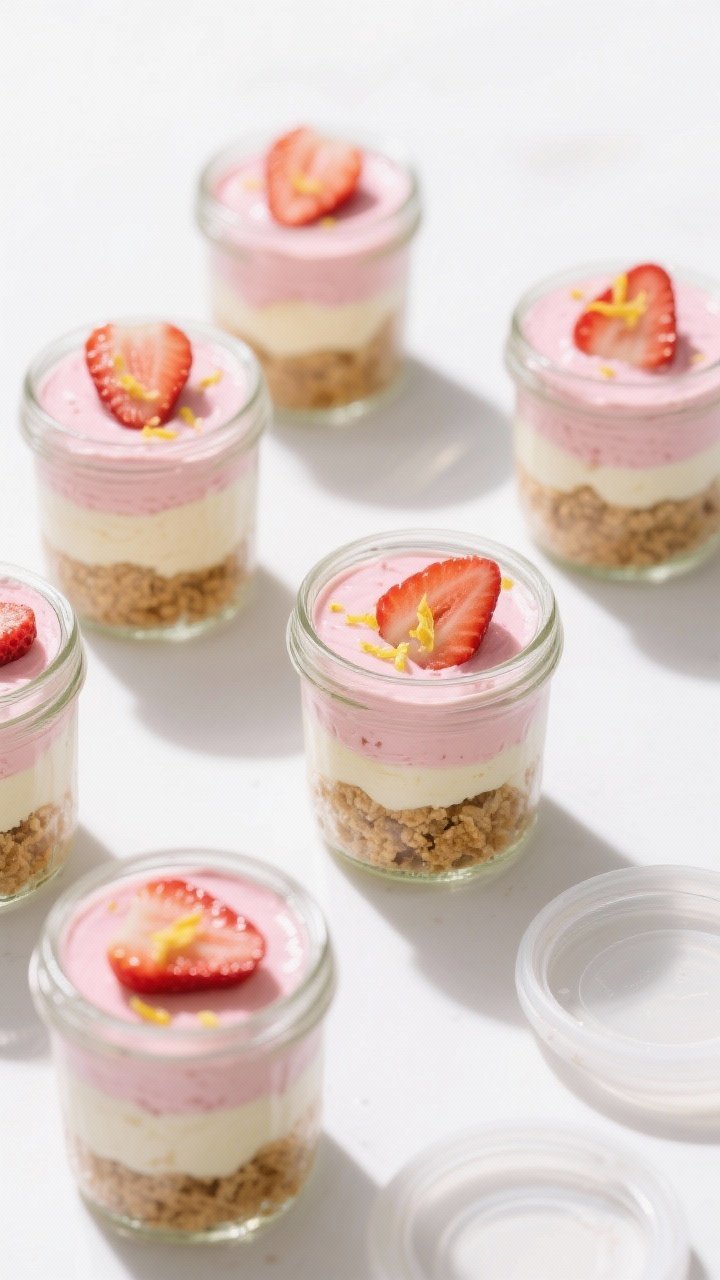 Overhead top view for serving: Neatly arranged parfait-style layers of strawberry cheesecake mousse