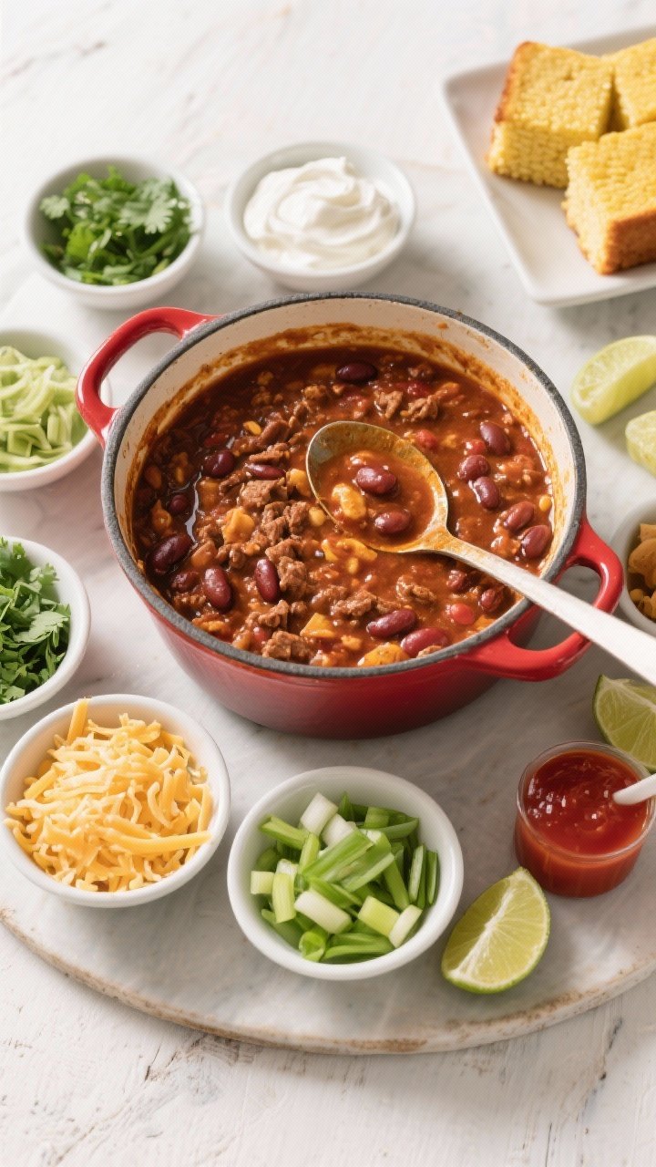 Overhead “toppings bar” scene: Top-down shot of a family-style chili setup featuring a wide, ena