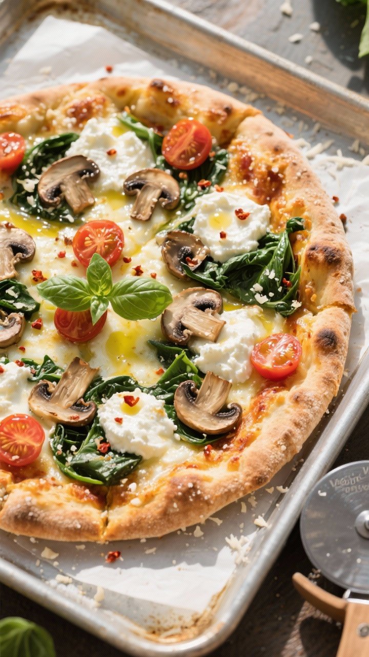 Overhead “Veggie Power” final pie: Top-down shot of the baked flatbread pizza with mozzarella me