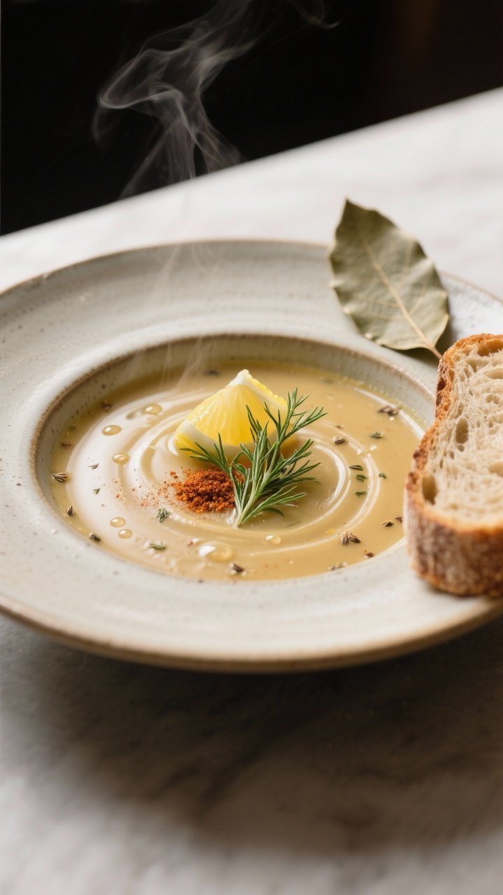 Plated restaurant-style final dish: A beautifully plated serving of the soup in a shallow ceramic bo