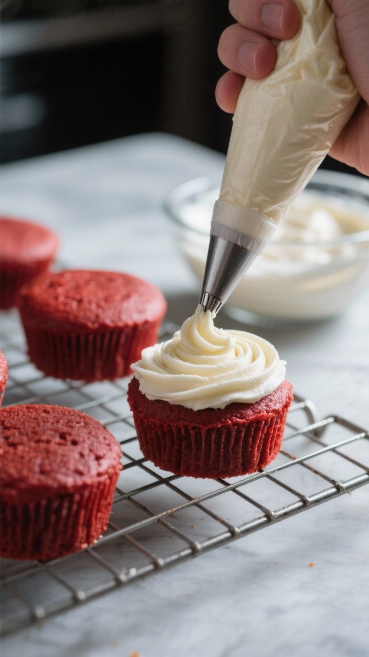 Process action scene: mini red velvet cakes being frosted on a wire rack, captured mid-swirl with a
