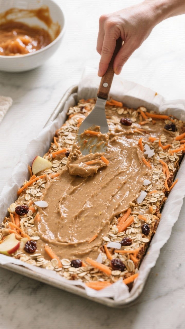 Process action scene: thick batter for Carrot Cake Breakfast Squares being spread and leveled in a p