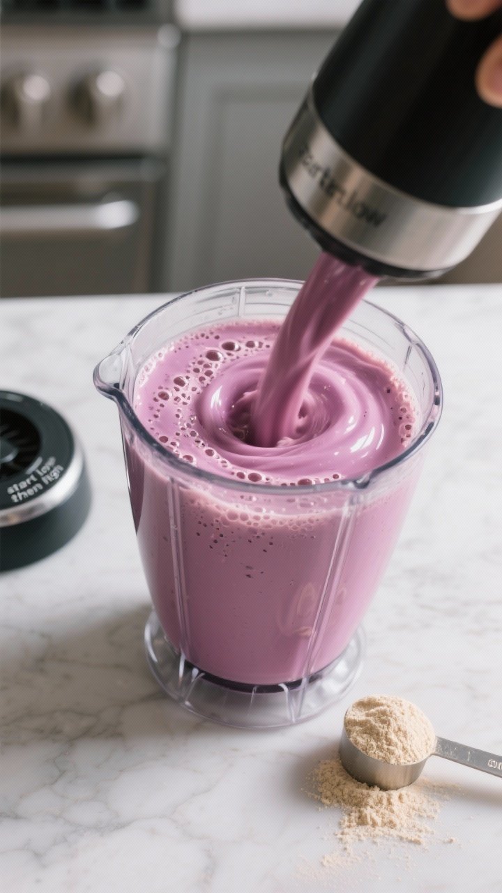 Process action: The shake being blended to silky smoothness—blender jar on a countertop filled wit