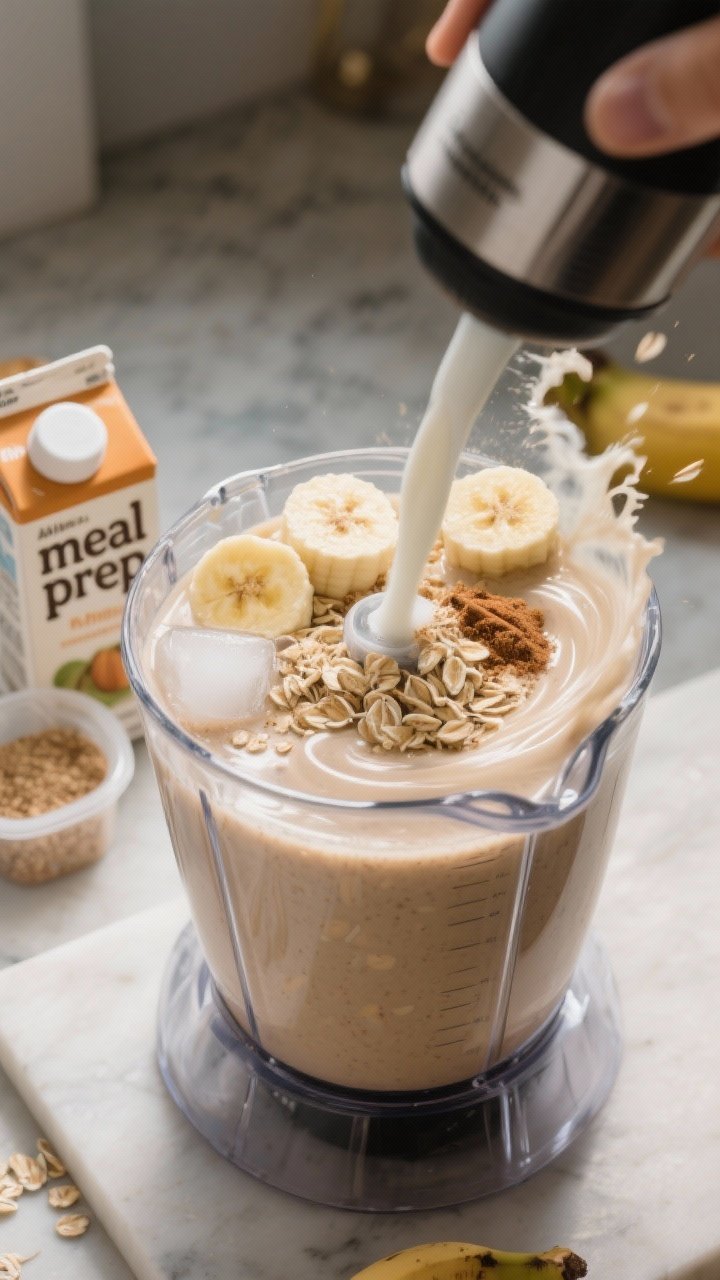 Process action: The smoothie being blended to perfect creaminess—liquids added first and dry ingre
