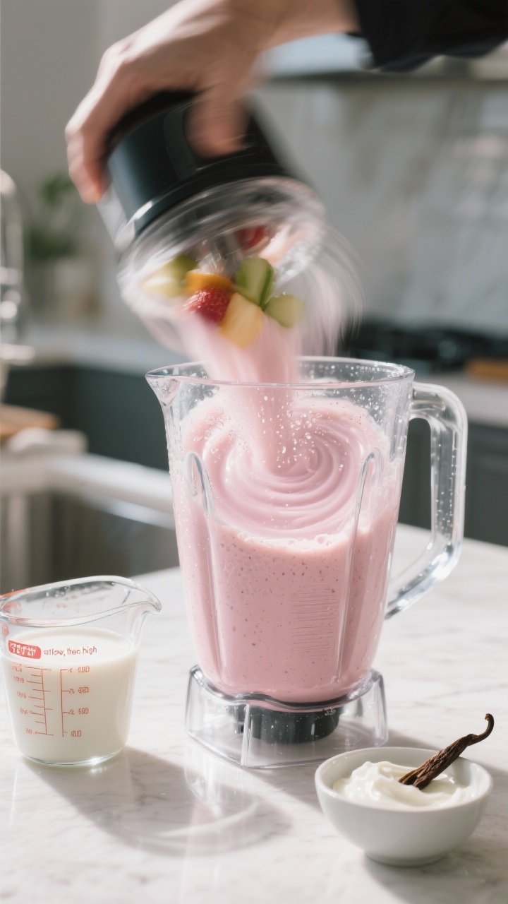 Process action: The smoothie blending stage captured from a 45-degree angle—ingredients already in