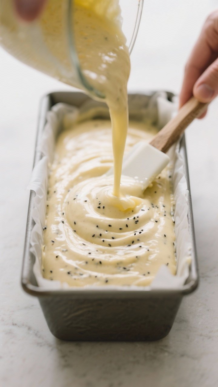 Process beauty shot: Batter being poured smoothly into a parchment-lined 9x5-inch loaf pan, top just