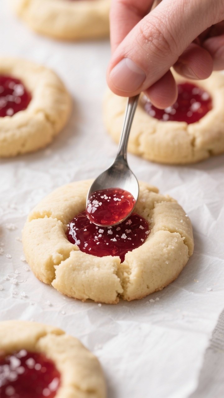 Process-focused macro shot of shaped cookie dough rounds on parchment with clean, defined thumbprint