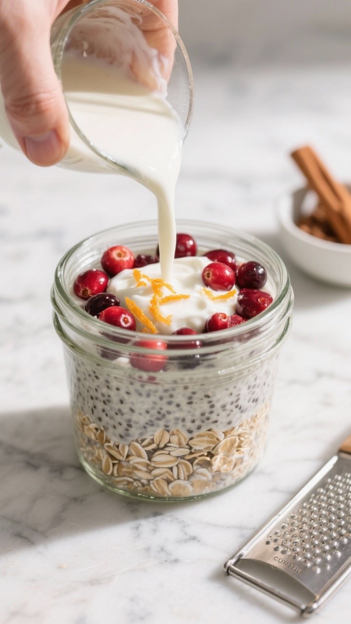 Process-focused scene: The “combine” step captured mid-prep—oat and chia base in a clear glass