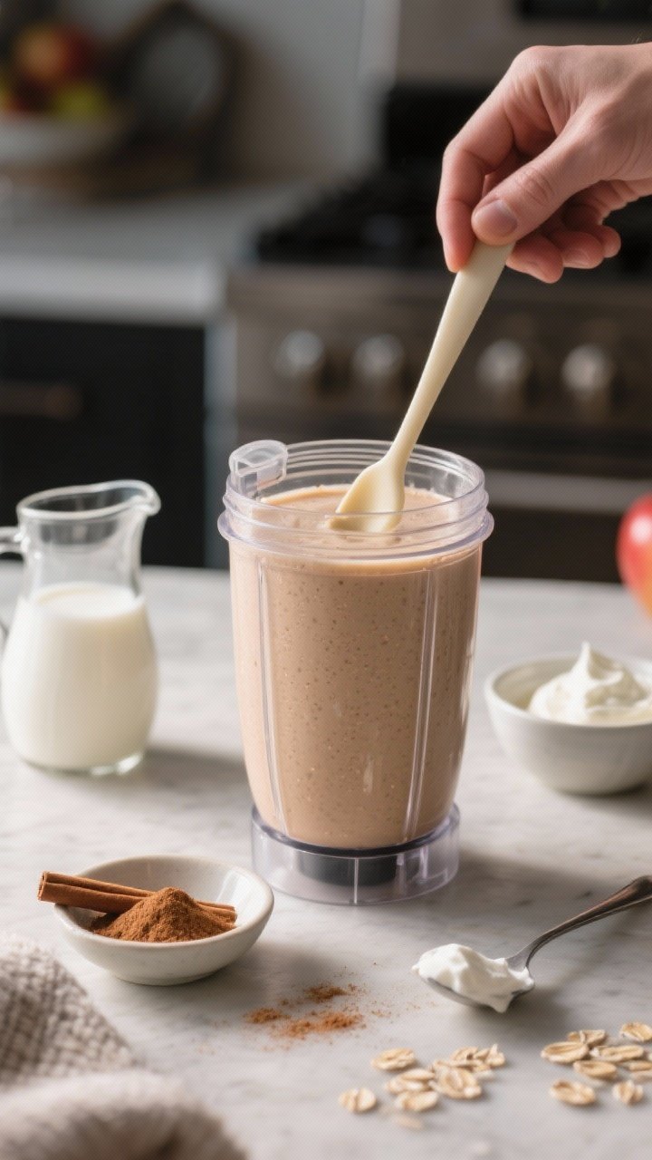 Process-in-action (prepared stage): The blended Apple Pie Oat Protein Smoothie inside a blender jar