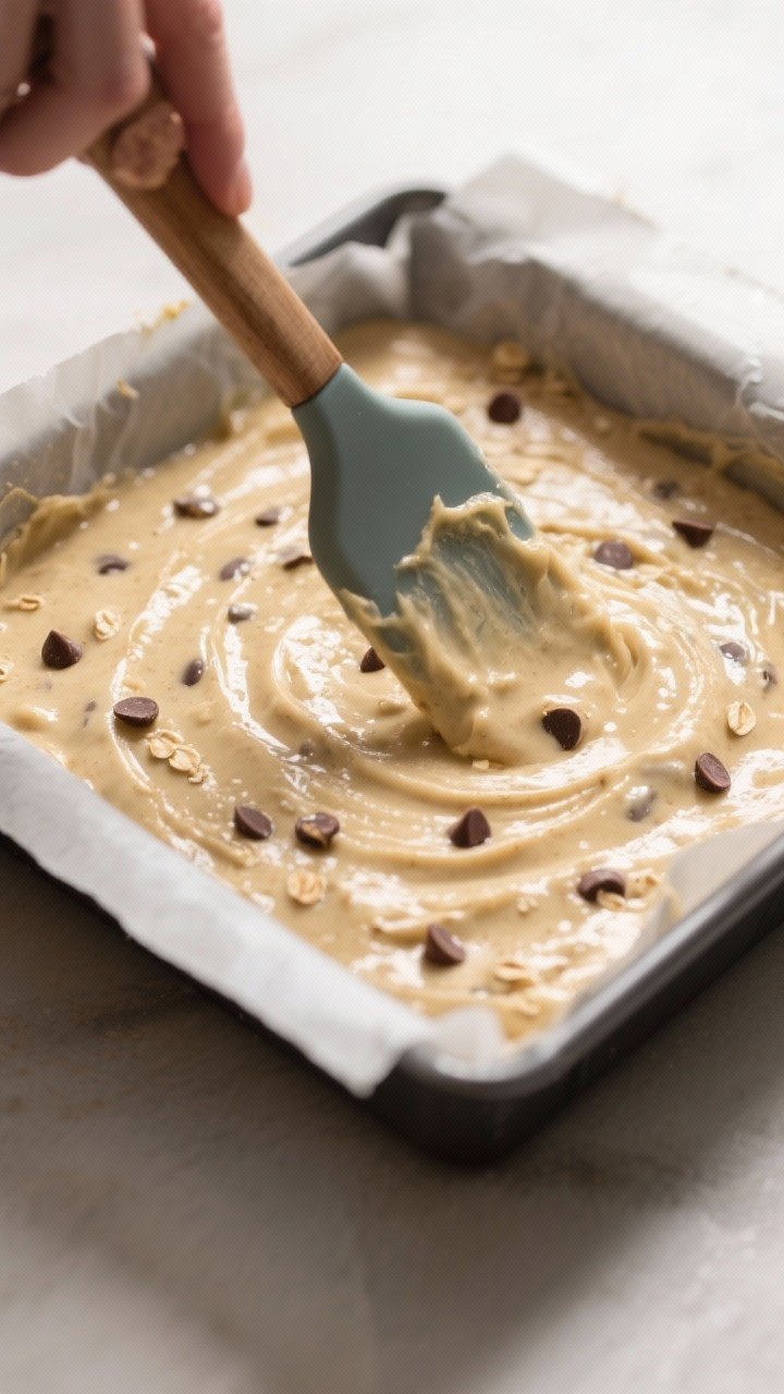 Process-in-action shot: Batter being smoothed into the parchment-lined 8-inch square pan with a spat