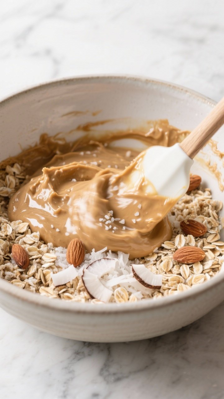Process-in-motion bowl shot: wet mixture (almond butter, maple syrup, melted coconut oil, vanilla, s