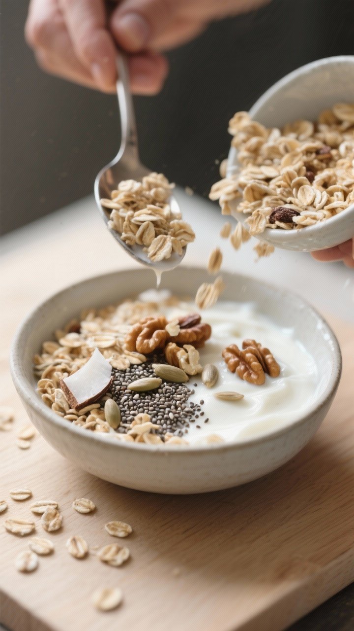 Process shot (prepared stage): Pre-soaked muesli being spooned over a bowl of yogurt—oats and bran