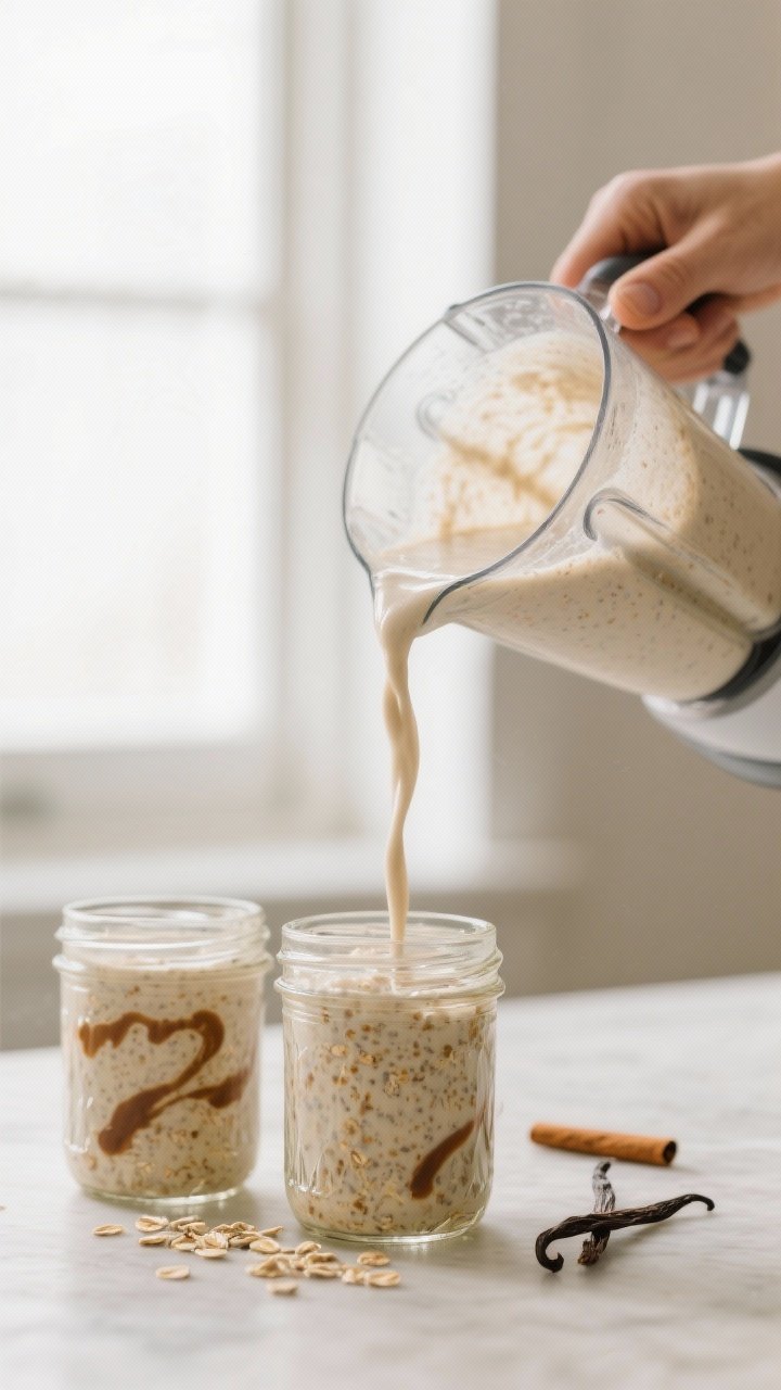 Process shot: The blended base being poured from a blender into individual jars, showing the pourabl