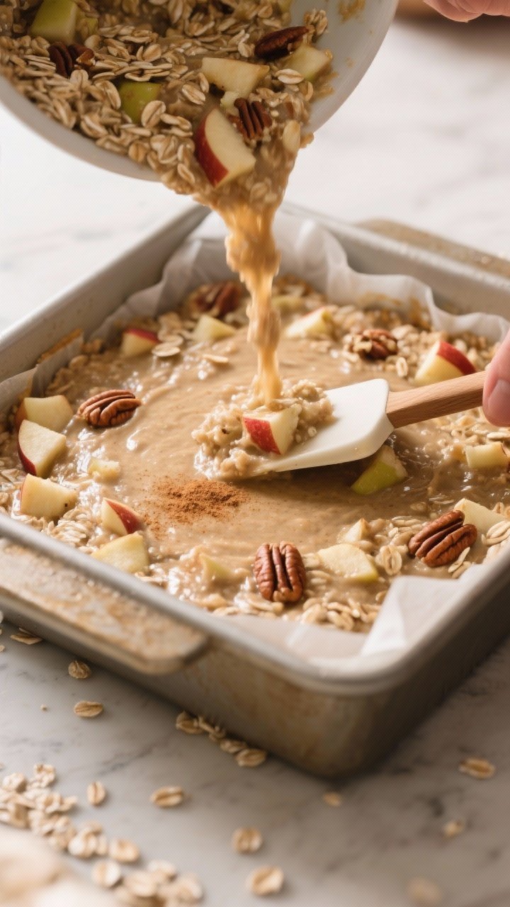 Process shot: the combined oatmeal mixture being poured into a greased parchment-lined 8x8 baking di