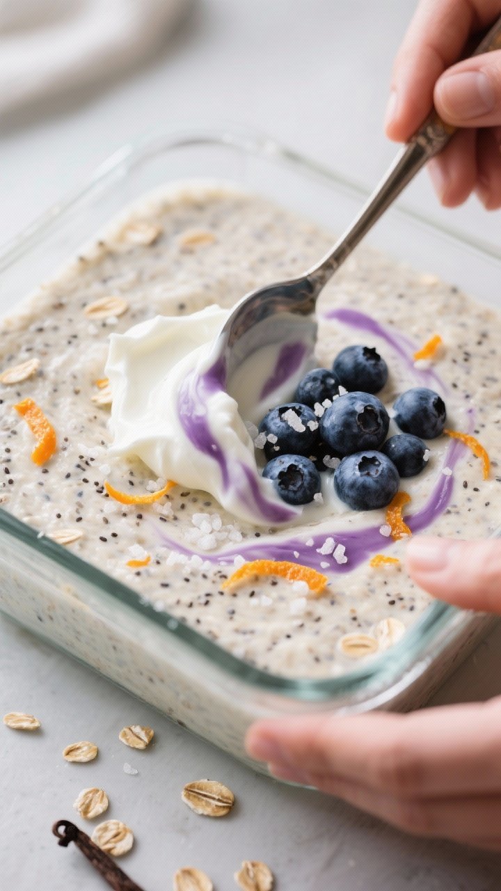 Process shot: The “mix and fold” stage captured mid-prep in a glass container—creamy oat mixtu