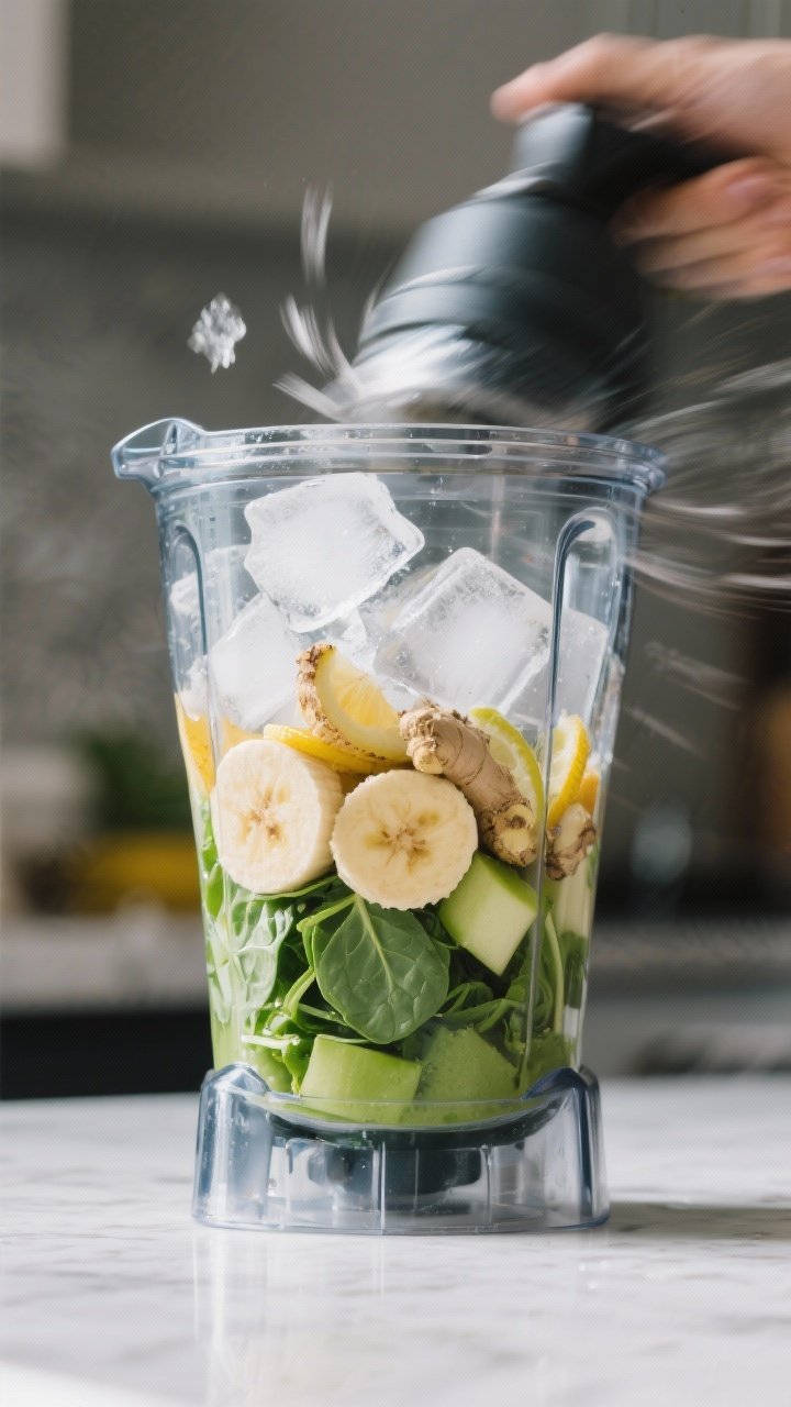 Process shot: The smoothie mid-blend in a high-speed blender jar, showing layered, fully prepared in