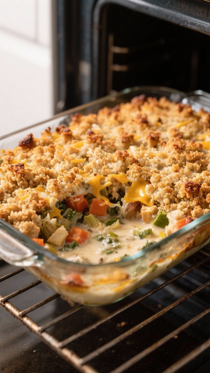 Process shot, three-quarters angle, showing the casserole uncovered mid-finish: stuffing topping flu