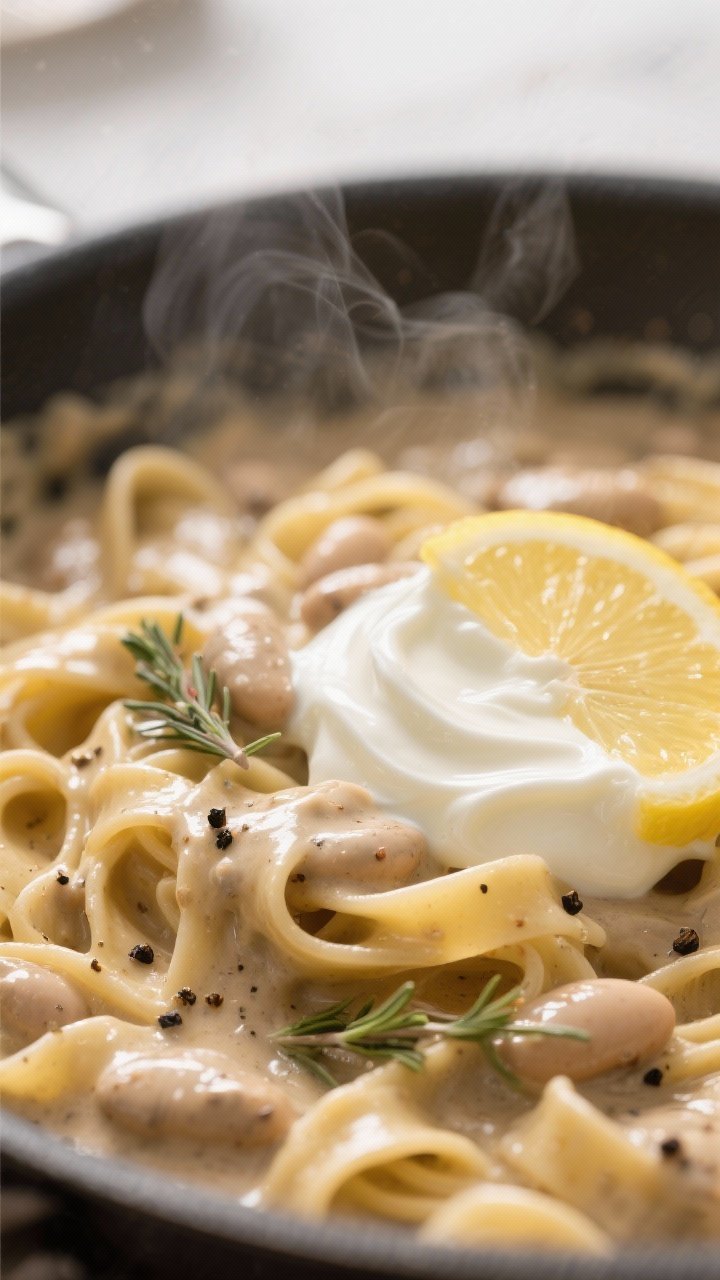 Sauce detail, ultra close-up: Silky white bean–blended stroganoff sauce coating egg noodles in the