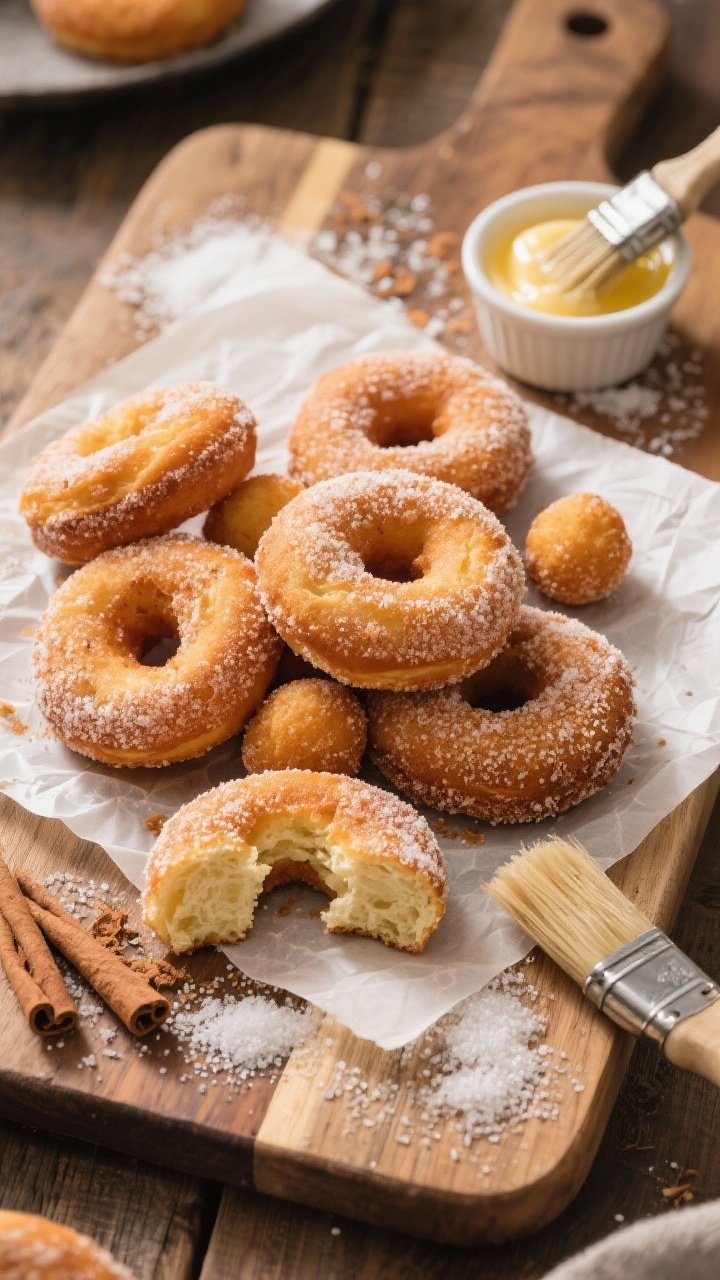 Tasty : an overhead shot of a warm pile of sugar-dusted baked donuts and donut holes on a parchment-