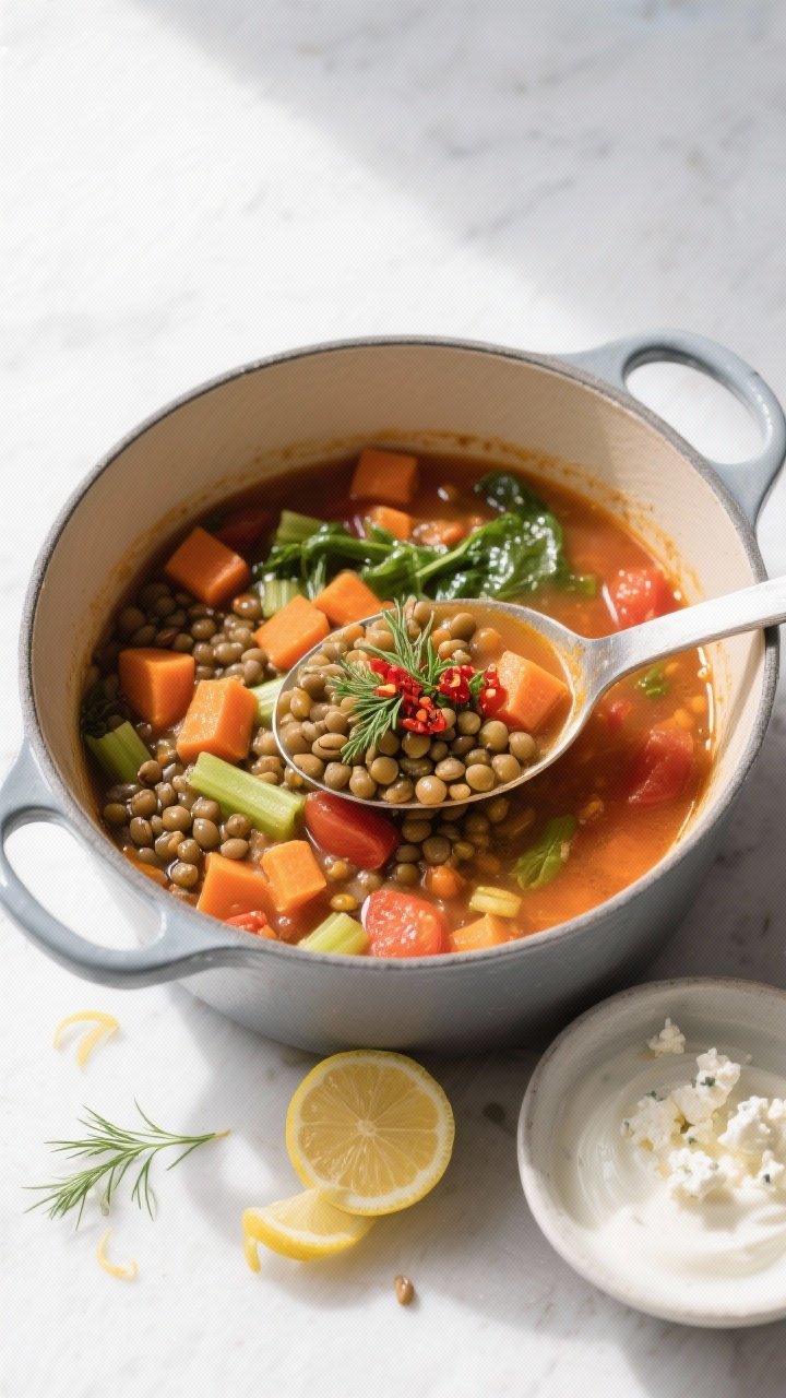 Tasty for variations/serving ideas: Overhead shot of a Dutch oven and a ladleful of the finished sou