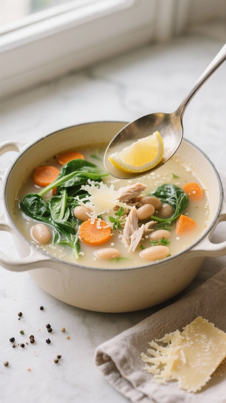 Tasty top-down shot: Overhead view of a ladle hovering above the pot, brimming with the finished sou