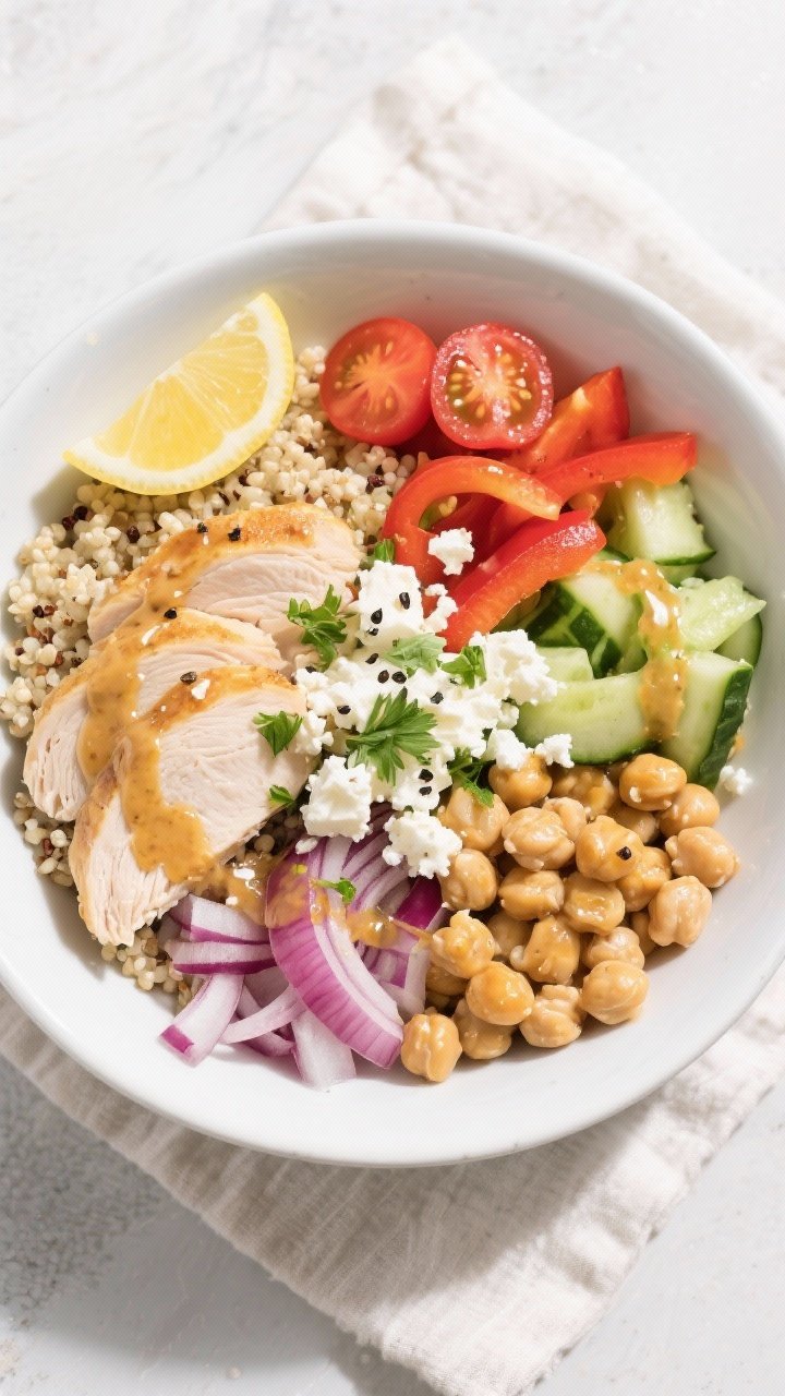 Tasty top view final dish: Overhead shot of a High-Protein Chicken Quinoa Lunch Bowl assembled for m
