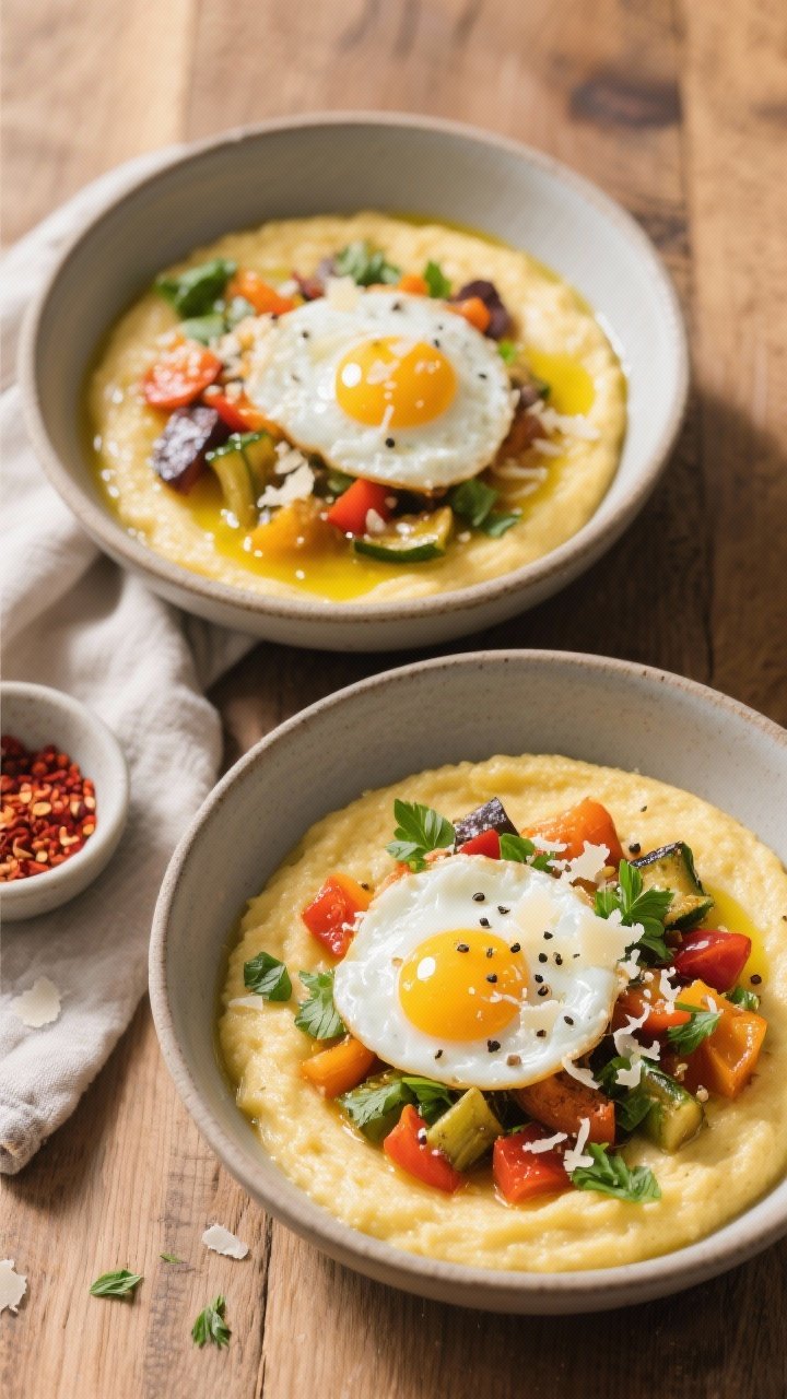 Tasty top view (final dish): Overhead shot of savory breakfast polenta bowls—lush, creamy polenta 
