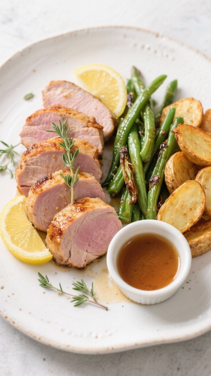 Tasty top view: Final plated air fryer pork tenderloin as a weeknight dinner—overhead shot of neat