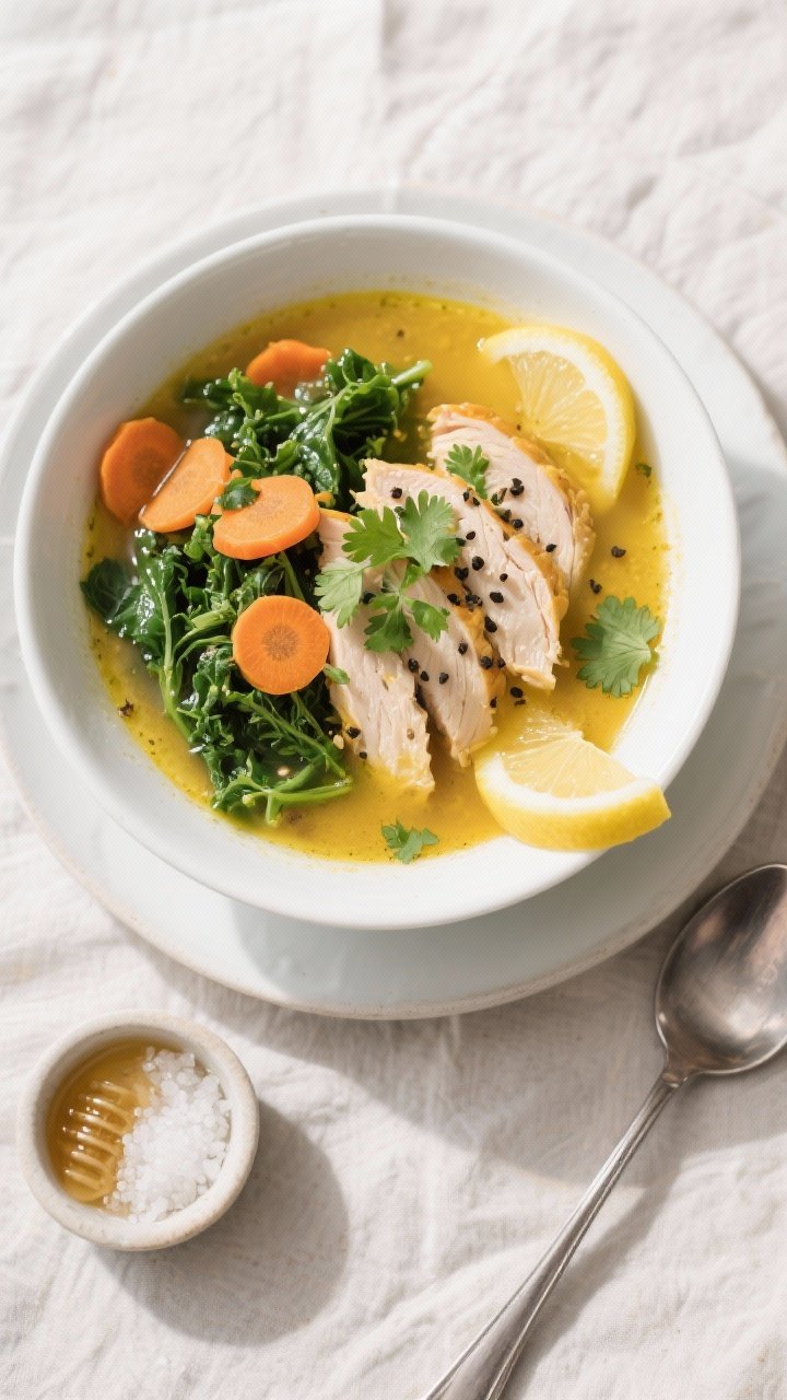 Tasty top view — Final plated bowl with garnishes: Overhead shot of a wide, white bowl filled with
