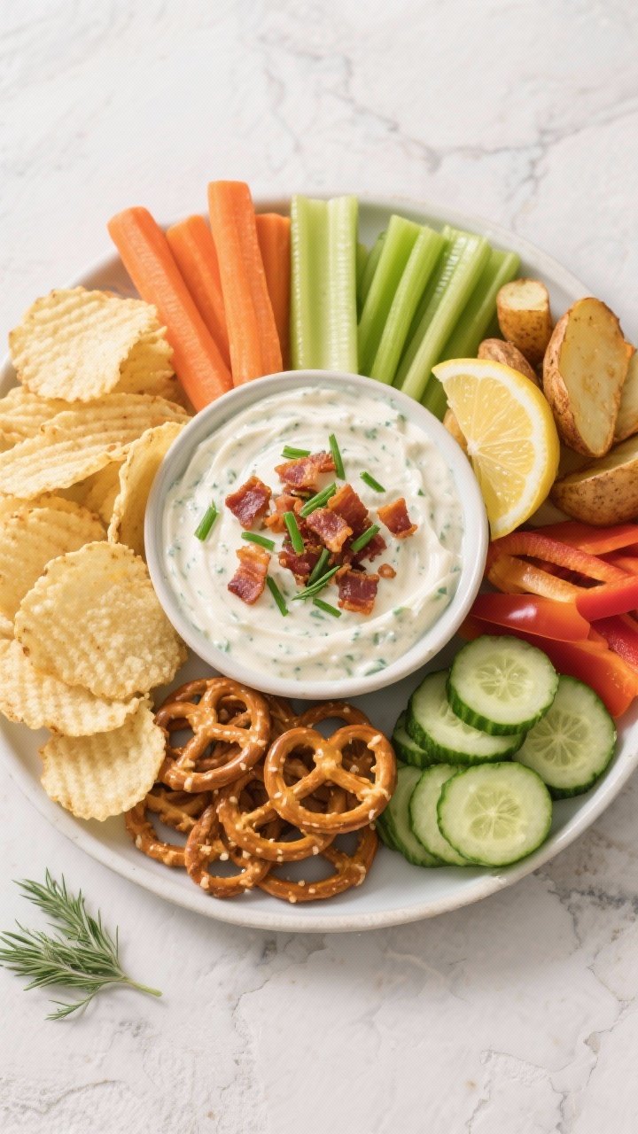 Tasty top view final presentation: Overhead shot of a party-ready platter centered around a bowl of 
