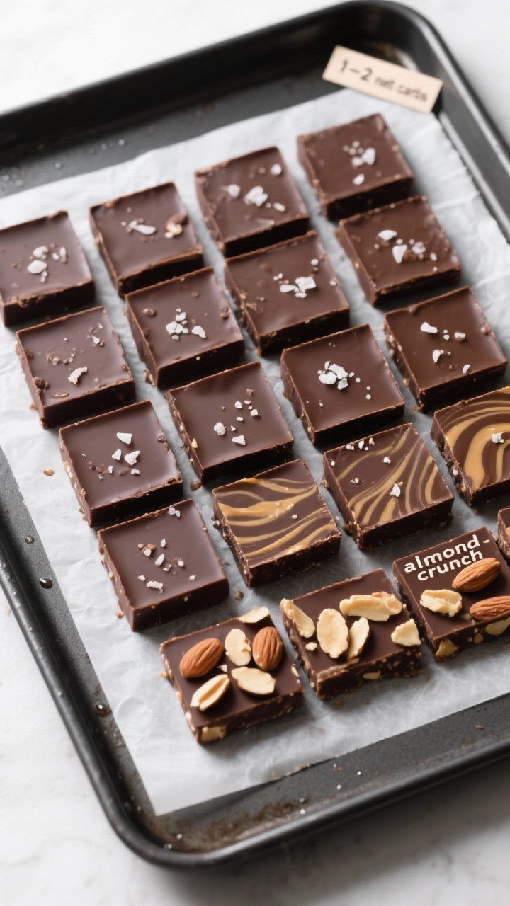 Tasty top view final presentation: Overhead shot of neatly cut keto chocolate squares arranged in a 