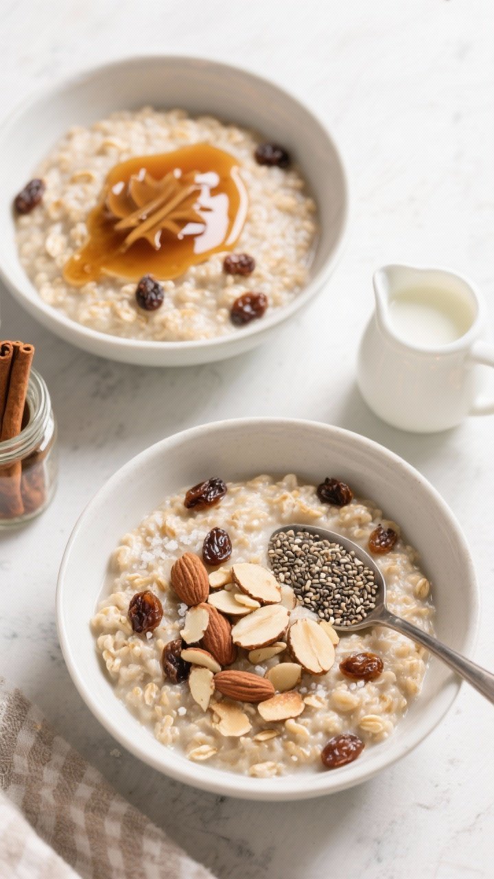 Tasty top view, meal-prep friendly: Overhead shot of cinnamon raisin oatmeal served two ways for var