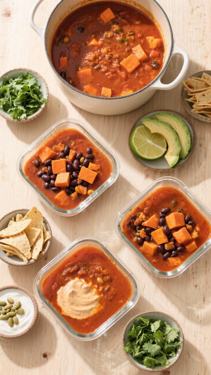 Tasty top view — meal-prep friendly spread: Overhead shot of several portions of the finished soup
