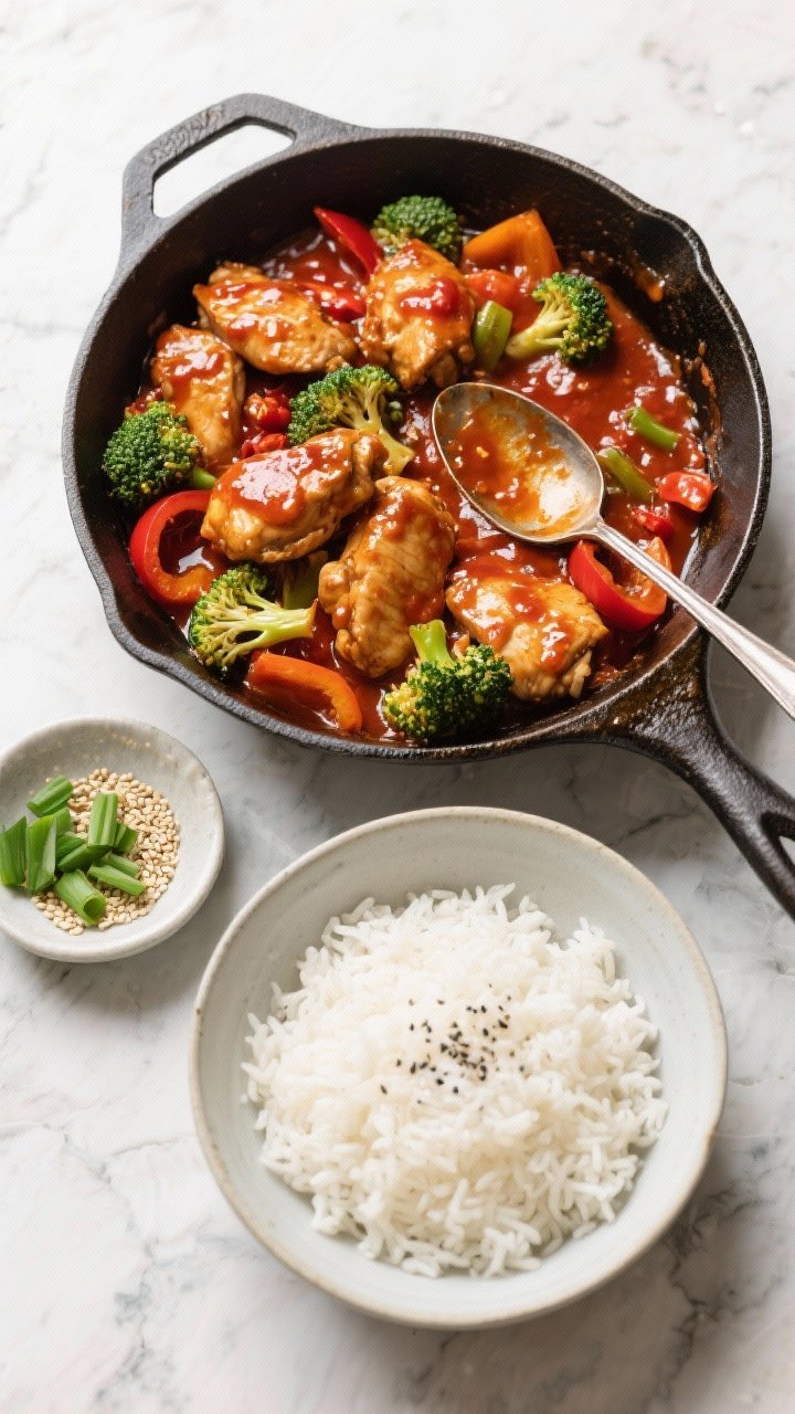 Tasty top view, meal-prep/overhead: Overhead shot of a family-style spread—skillet of finished chi