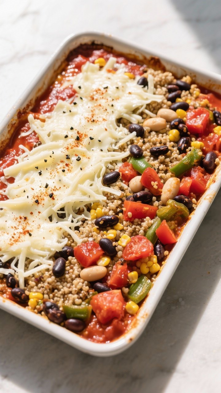 Tasty top view of the assembled bake pre-oven: Overhead shot of the mixed beans (black beans and can