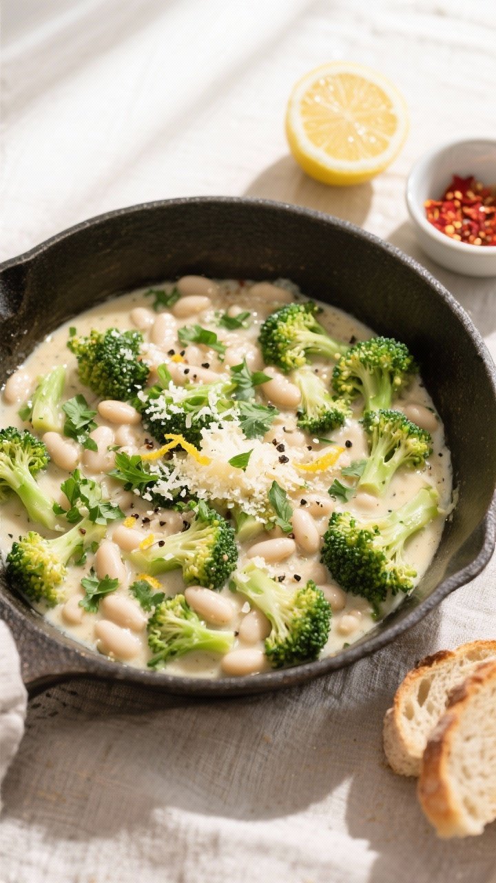 Tasty top view, one-pan final: Overhead shot of the finished Broccoli & White Bean Skillet, beans an