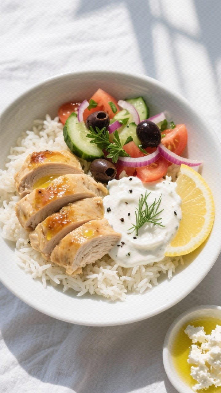 Tasty top view – Overhead bowl assembly of Greek-Inspired Chicken Bowl: neatly sectioned component