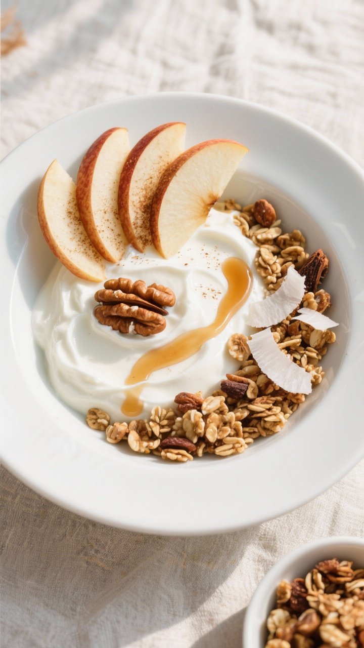 Tasty top view (overhead): Final plated “Fall flavors” yogurt bowl—thick Greek yogurt spread i