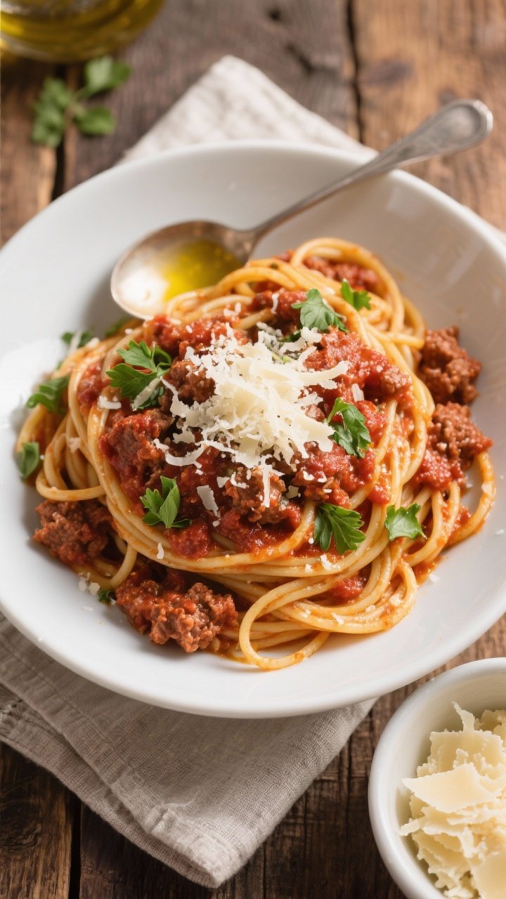 Tasty top view, overhead: Overhead shot of al dente spaghetti twirled and tossed with the meat sauce