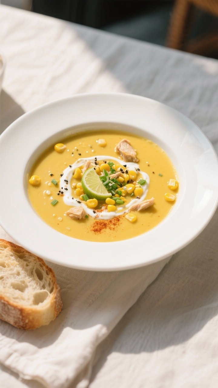 Tasty top view (overhead): Overhead shot of Chicken & Golden Corn Bisque in a wide white bowl—crea